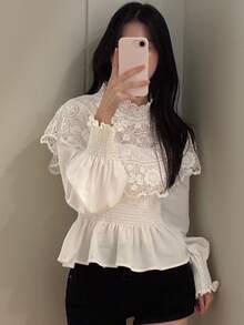 DAZY Women's Lace Patchwork Pleated Casual Daily Wear Blouse - White - View 6