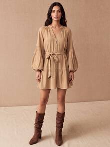 CielaLinda Gaun Mini Kemeja Wanita Warna Aprikot dengan Kancing Depan, Detail Kerut dan Lengan Puff - Khaki - View 5