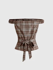 Sweetness Vintage Plaid Off-Shoulder Waist-Cinching Women's Blouse, Autumn/Winter - Multicolor - View 2