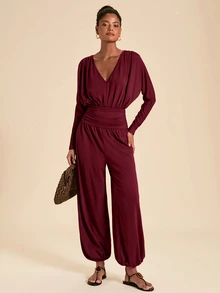 Travachic Women's Solid Color V-Neck Pleated Elegant Long Sleeve Jumpsuit - Red - View 4