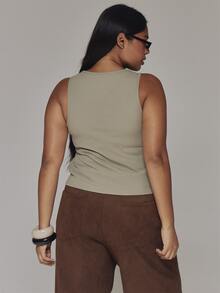MUSERA Green Ribbed Embellished Detail Racer Top Casual Cool Basic Fall Winter Autumn - Green - View 5