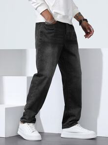 Manfinity Homme Men's Plus Size Vintage Washed Black & Grey Denim Jeans, Versatile Slim Straight Leg Long Pants - Grey - View 4
