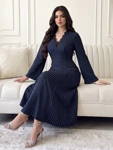 Feyla Women's Contrast Lace V-Neck Striped Long Sleeve Elegant Mid-Length Dress - Navy Blue - View 4