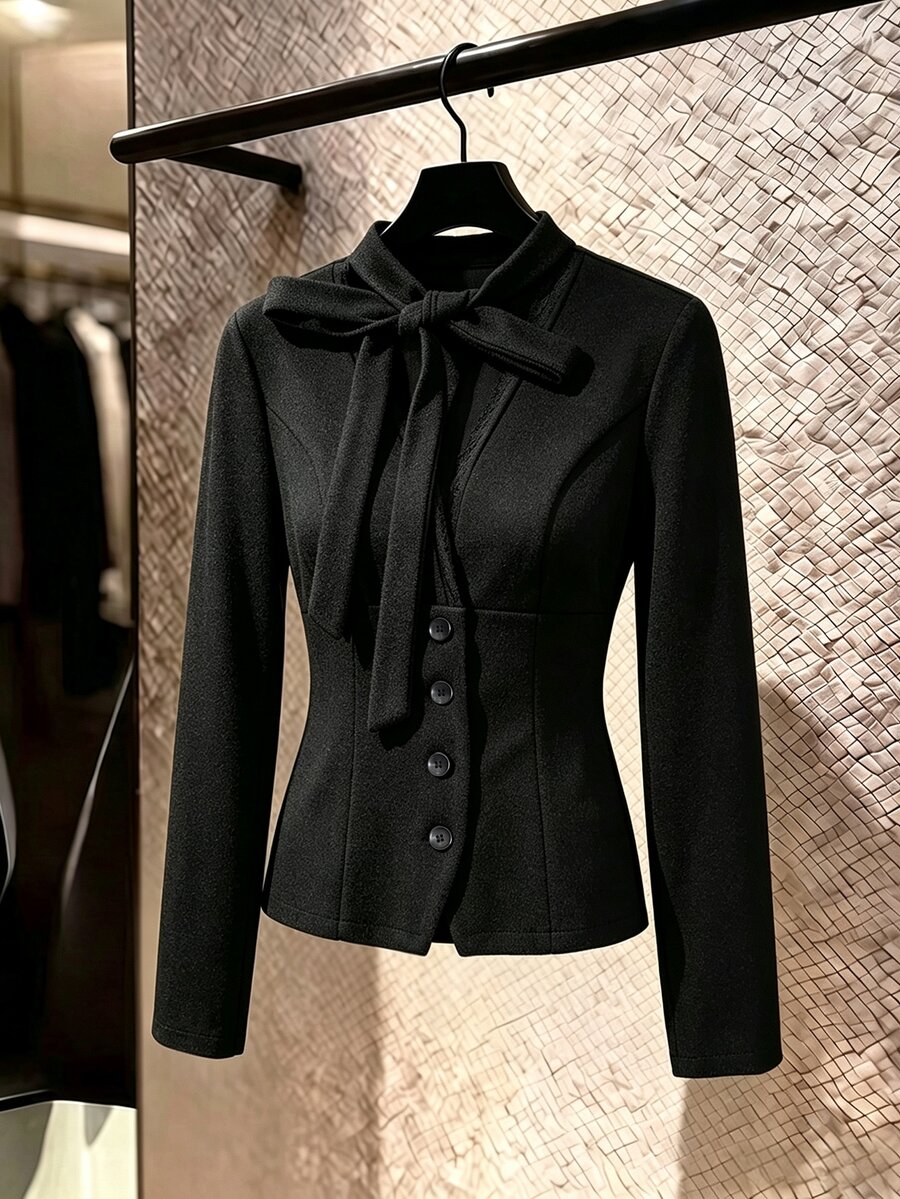 GlowEve Women's Solid Color Lace Knot Button-Down Overcoat - Black - View 1