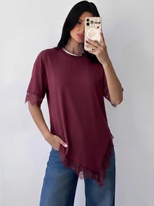 Firerie 女款素色對比蕾絲不對稱下擺短袖T恤 - 酒紅色 - 查看 7