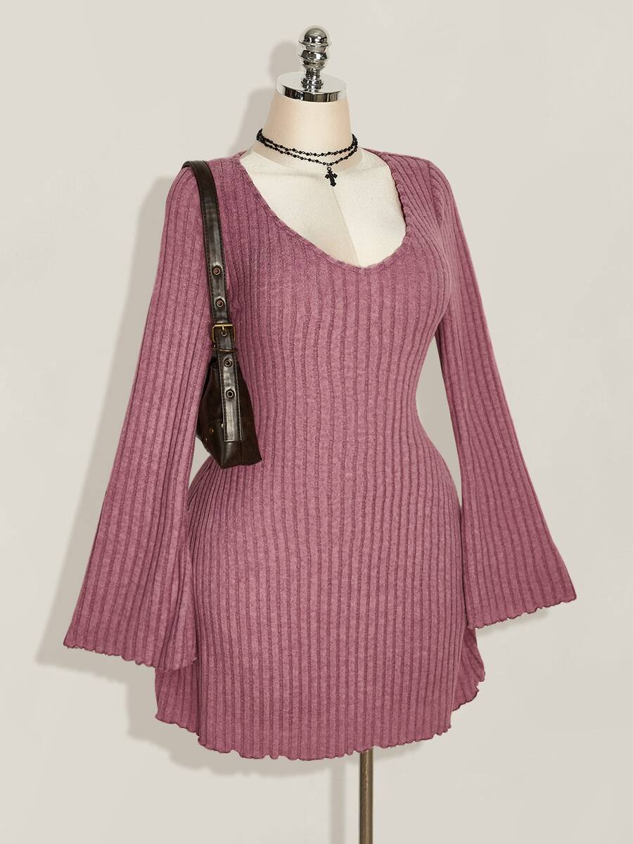 SHEIN ICON 女款秋冬復古休閒 80年代極簡 V 領喇叭袖毛絨羅紋紫色緊身洋裝 秋季外出約會穿搭 - 酒紅色 - 查看 1