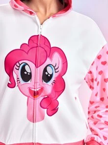 My Little Pony X SHEIN Women's Heart Print Drop Shoulder Long Sleeve Zip-Up Hoodie G4 - Pink - View 6