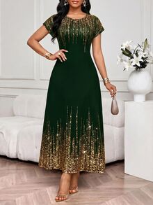 SHEIN Lady Plus Size Women's Dark Green Foil Casual Elegant Party Formal Dinner Dress Wedding Summer - 墨綠色 - 查看 3