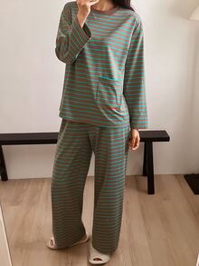 DAZY Striped Print Drop Shoulder Tee & Pants PJ Set - Coffee Brown - View 3