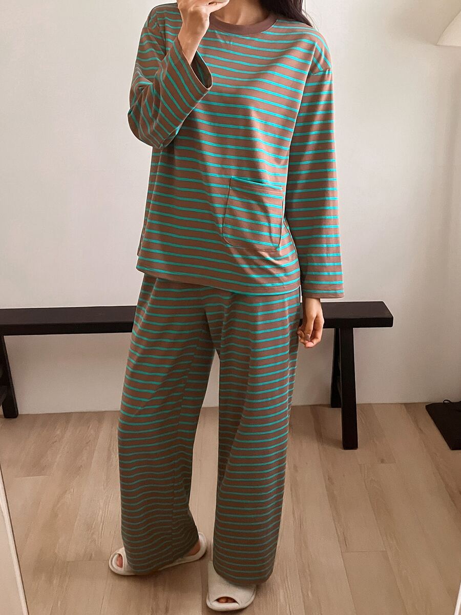 DAZY Striped Print Drop Shoulder Tee & Pants PJ Set - Coffee Brown - View 1