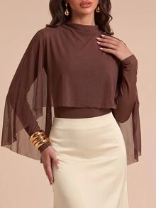 Bluhae Women's 2pcs Set Stacked Collar Batwing Sleeve Ruched Top & Solid Color Midi Skirt - Brown - View 4