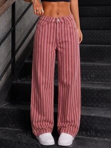 SHEIN Tall 時尚豹紋低腰水洗寬腿女款牛仔褲 - 彩色 - 查看 1