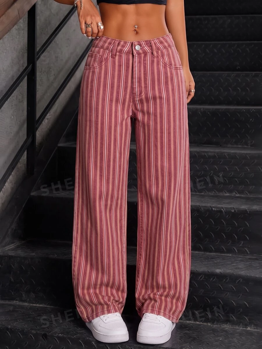 SHEIN Tall 時尚豹紋低腰水洗寬腿女款牛仔褲 - 彩色 - 查看 1