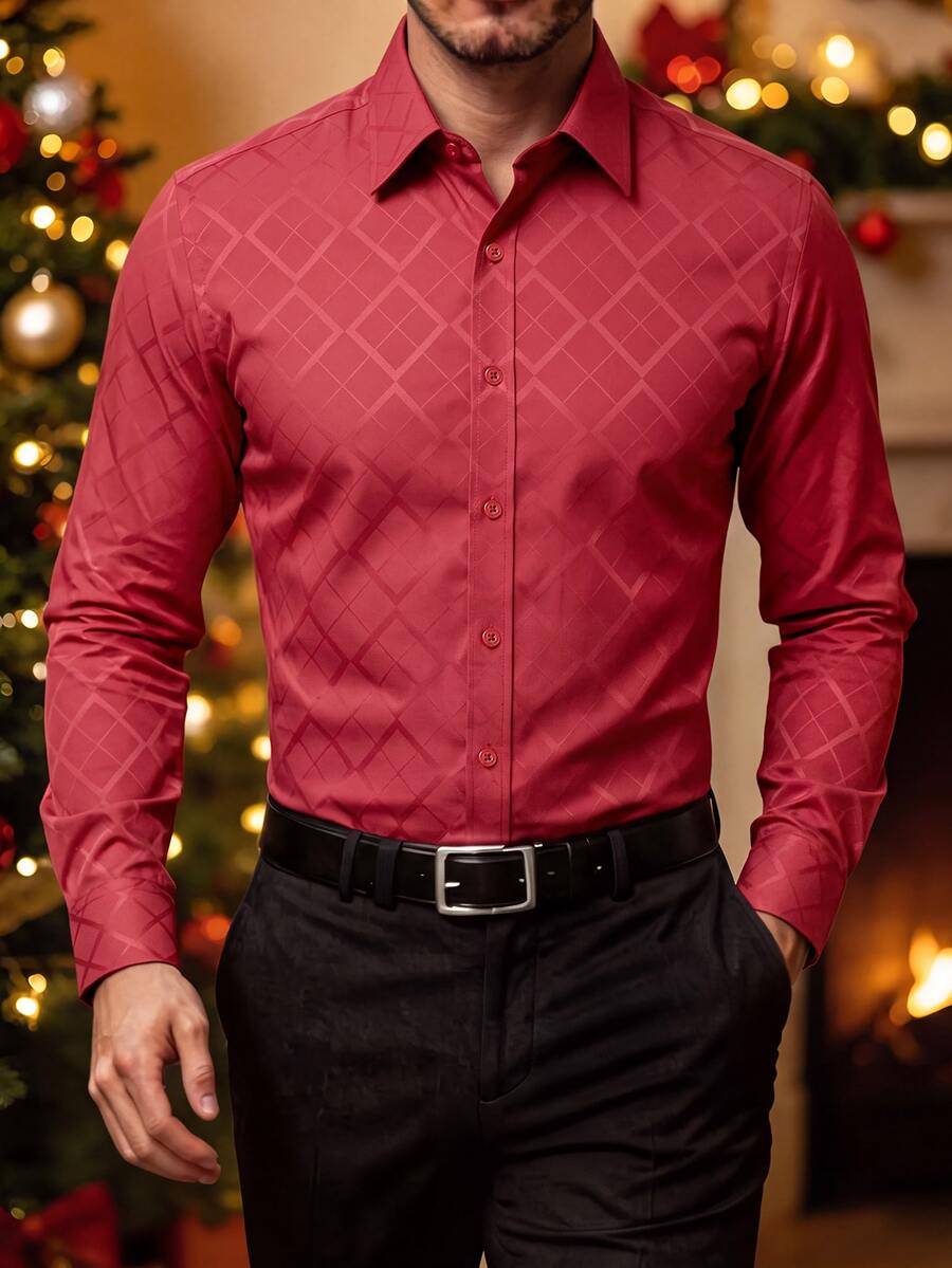 Manfinity Bizformal 男士時尚聖誕紅長袖正裝襯衫,紋理菱格圖案,優雅派對商務襯衫 - 酒紅色 - 查看 1