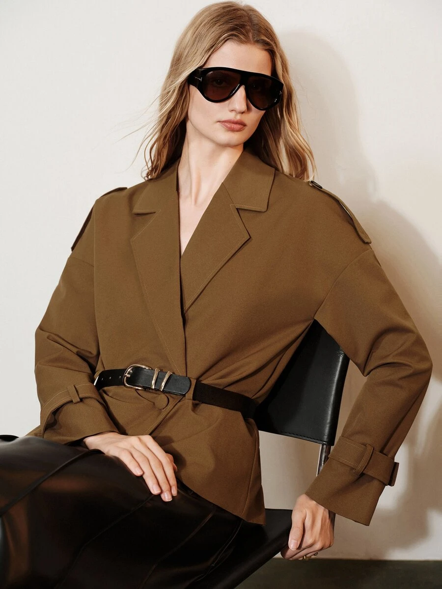 Aveloria Modichic Women's Loose Waist Belt Coffee Color Draped Drop Shoulder Double-Breasted Blazer - Coffee Brown - View 1