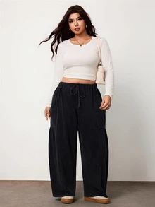 Enliva Plus-Size Loose-Fitting Drawstring Casual Trousers (Autumn Style)Apple,Rounded Body - Grey - View 6