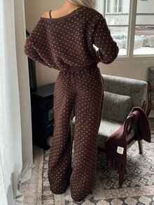 CovetEZ Women Polka Dot Pattern Asymmetric Shoulder Long Sleeve Sweatshirt & Drawstring Waist Pants Two Pieces Set - Brown - View 2