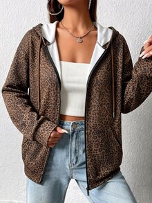 DAZY Plus Size Women's Leopard Print Casual Versatile Daily Wear Hooded Sweatshirt - Multicolor - View 3