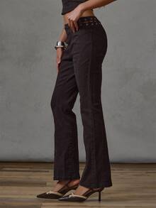 MUSERA Celana Panjang Hitam Anyaman dengan Detail Lubang Kancing, Model Mengembang, Cocok untuk Musim Gugur dan Musim Dingin, Sehari-hari, Kasual, untuk Acara Santai, Gaya Gadis Keren, dan Pesta. - Coffee Brown - View 1