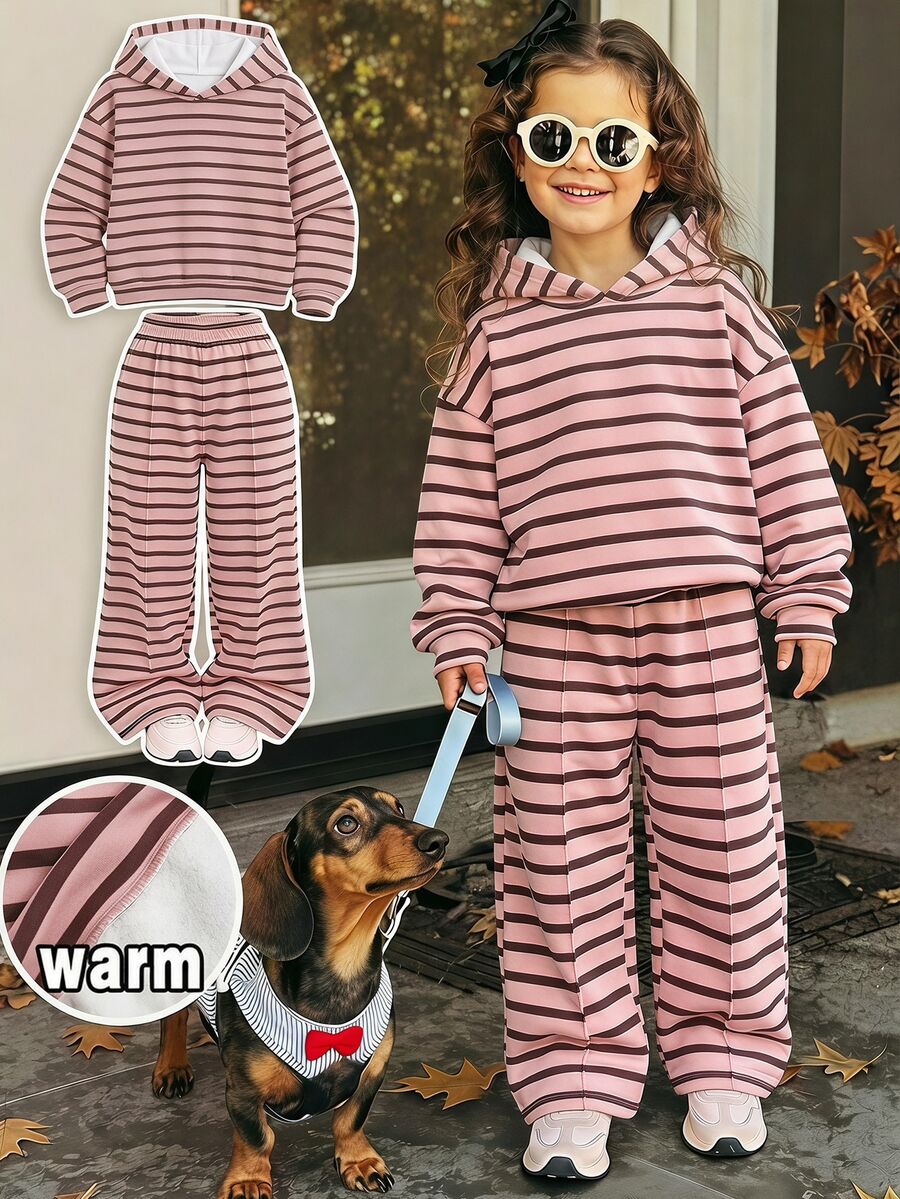 Set för ung flicka med vintage söt randig colorblock långärmad hoodie och plisserade vida mjukisbyxor för utflykter och utomhusaktiviteter - Multifärgad - Visa 1