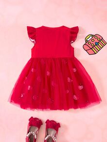 HELLO KITTY AND FRIENDS | SHEIN Gaun Bayi Perempuan Warna Polos Lengan Flutter Kerah Bulat Motif Kartun dengan Kelim Mesh - Merah - View 2