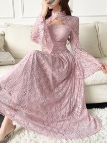 Feyla Women's Sweet Fashionable Frog Button Lace Arabian Dress - Pink - View 4