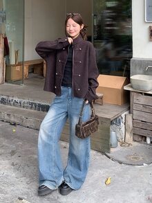 DAZY Women's Vintage Stand Collar Utility Jacket Short Star Decor - Brown - View 2