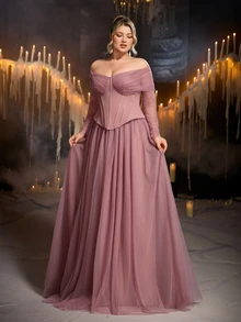 Glamrae Plus Size Elegant Fashionable Lotus Pink Knitted Mesh Patchwork Off-Shoulder Corset Style 2 In 1 A-Line Maxi Dress, Suitable For Prom, Wedding, Bridesmaid, Formal Evening Gown - Dusty Pink - View 1