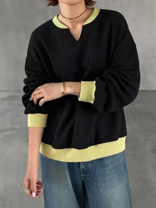 FRIFUL Sweatshirt Longgar Wanita Gaya Korea Baru Awal Musim Gugur dengan Kain Waffle Warna-warni - Hitam - View 3