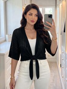 SHEIN Lady كارديجان محبوك للنساء بمقاس كبير بلون موحد وأكمام قصيرة وخصر معقود - الأسود - مشاهدة 1