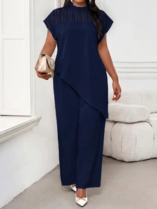 SHEIN Lady Plus Size Women High Neck Short Sleeve Top Office Semi Formal Party Semi Formal Navy Blue Spring Elegant - Navy Blue - View 8