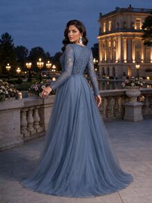 Auveirra Plus Size Women's Contrast Lace Sweetheart Neck Long Sleeve Mesh Hem Elegant Dress - Blue - View 2