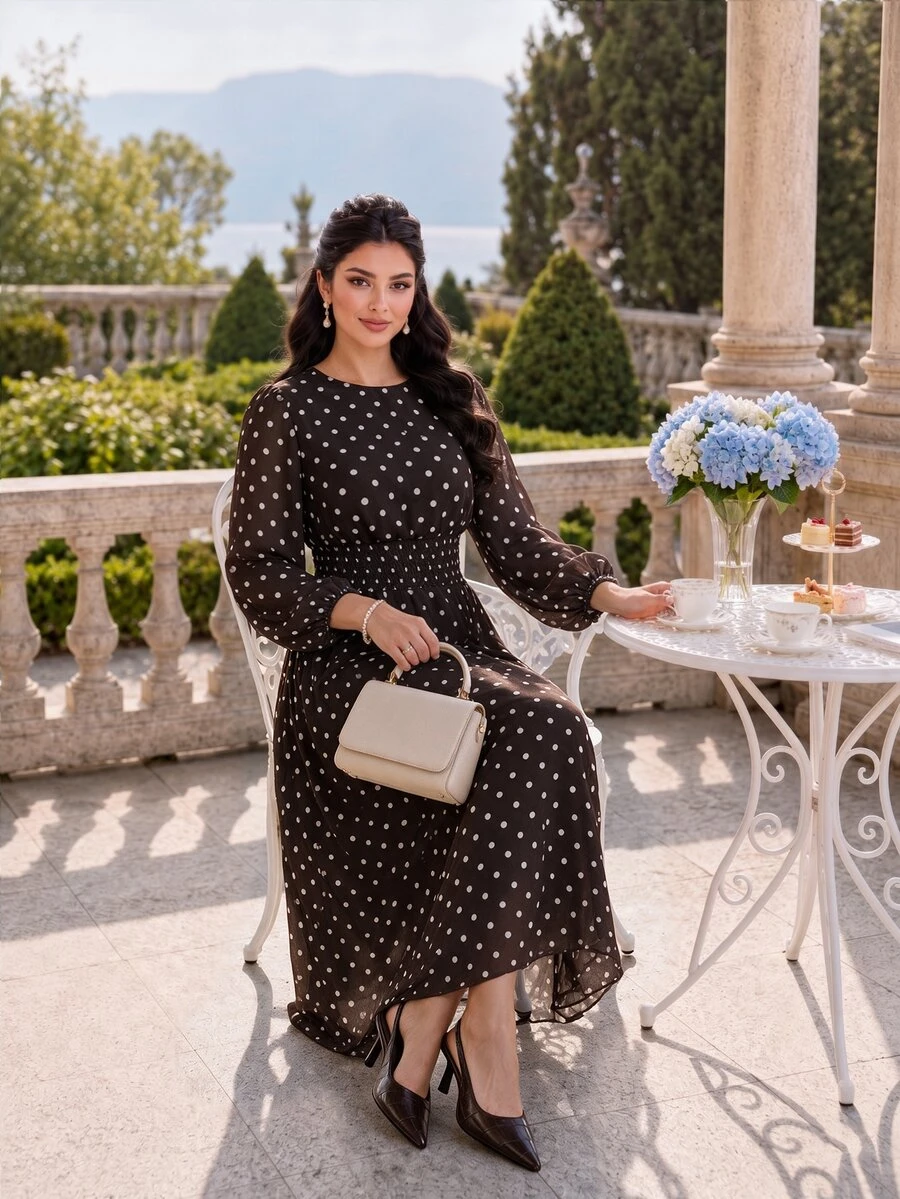 Dripcurv Plus Size Women Polka Dot Casual Party Summer Dress - Brown - View 1