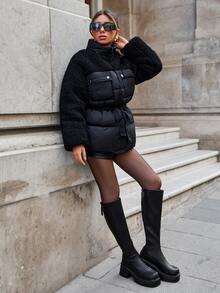 SHEIN جاكيت منفوخ محشو بالريش للنساء بتصميم دب تيدي مع ياقة واقفة وملمس بارز متناسق - الأسود - مشاهدة 6