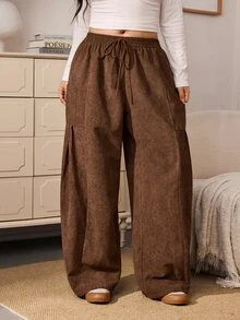Enliva Plus-Size Loose Drawstring Casual Trousers, CorduroyApple,Rounded Body - Brown - View 5