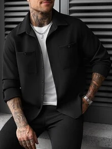 SLATEMANN Men's Single-Breasted Long Sleeve Pocket Shirt Casual Everyday Wear - Black - View 1