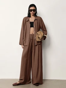 MERLEAU Women's Streetwear Button Zip Drawstring Long Sleeve Jacket - Brown - View 7