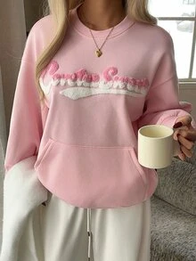 CovetEZ Sweatshirt Wanita Kerah Bulat Lengan Panjang dengan Dekorasi Huruf Gaya Kasual Manis - Berwarna merah muda - View 5