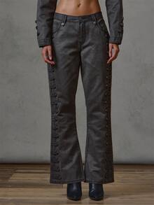 MUSERA Celana Jeans Denim Hitam Model Fitted Flare dengan Detail Militer untuk Musim Gugur dan Musim Dingin, Cocok untuk Sehari-hari, Kembali ke Sekolah, dan Aktivitas Militer lainnya. - Grey - View 4