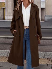 SHEIN Clasi 女款純色保暖內裡休閒百搭長袖風衣大衣 - 棕色 - 查看 4