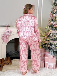 Slumberry CURVE Sweet Cute Christmas Bow Candy Cane Contrast Collar Pink Satin Plus Size Pajama Set - Pink - View 2