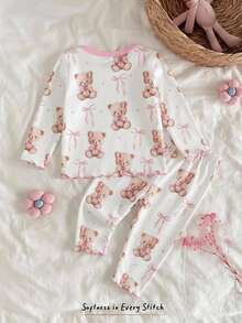 Newborn Baby Girl Cute Cartoon & Floral Pattern Long Sleeve Loungewear Set Autumn - Multicolor - View 2