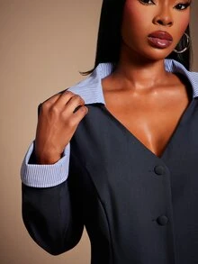 SHEIN SXY Autumn/Winter 2 In 1 V-Neck Button Pocket Long Sleeve Blazer Jacket - Navy Blue - View 8
