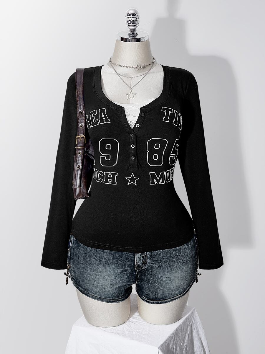 SHEIN ICON تي شيرت نسائي مقاس كبير بطبعة حروف رقمية كاجوال 2 في 1 - الأسود - مشاهدة 1