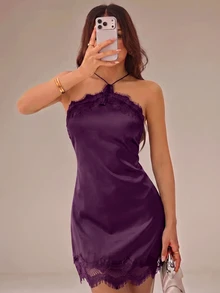SHEIN PETITE 女款優雅浪漫約會音樂節派對聚會畢業度假洋裝，黑色緞面蕾絲飾邊細肩帶修身迷你洋裝，婚禮賓客、生日洋裝 - 紫色 - 查看 7