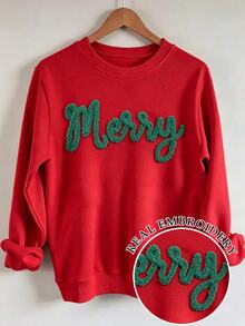 INAWLY 秋冬款 Merry 刺繡落肩休閒運動衫，聖誕快樂刺繡運動衫，聖誕快樂雪尼爾紗線運動衫，基督徒禮物客製化個性化秋冬運動衫，秋冬運動衫時尚禮物 - 紅色 - 查看 1