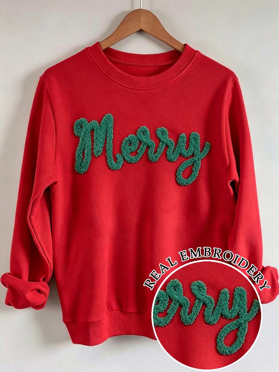 INAWLY 秋冬款 Merry 刺繡落肩休閒運動衫,聖誕快樂刺繡運動衫,聖誕快樂雪尼爾紗線運動衫,基督徒禮物客製化個性化秋冬運動衫,秋冬運動衫時尚禮物 - 紅色 - 查看 1