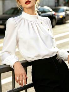 SHEIN Women's Gentle Vintage Court Style White Stand Collar Blouse With Diagonal Exquisite Metal Button Decor, Ruched Gathered Neckline, Puff Lantern Long Sleeves, Loose Flattering Fit, Elegant Versatile Shirt For Dating And Commuting - White - View 7