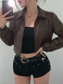 DAZY 秋冬復古棕色街頭寬鬆休閒短版PU皮革機車夾克女款上衣 Y2K - 棕色 - 查看 1
