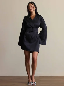 COSMINA V-Neck Long Sleeve Flare Sleeve With Belt Black Elegant Fall Women's Mini Dress Cocktail Night Out - Black - View 4